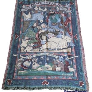 Goodwin Weavers Pink Blue Peace on Earth Tapestry Throw Blanket Afghan Fringe